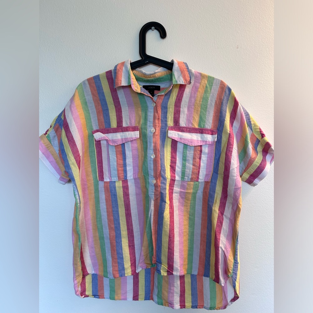 J Crew, bright colorful, striped linen shirt.